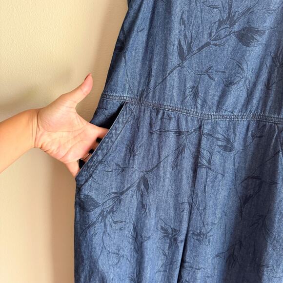 Unpublished Blue Denim Floral Print Square Neck Shoulder Tie Overalls Medium - Picture 2 of 8